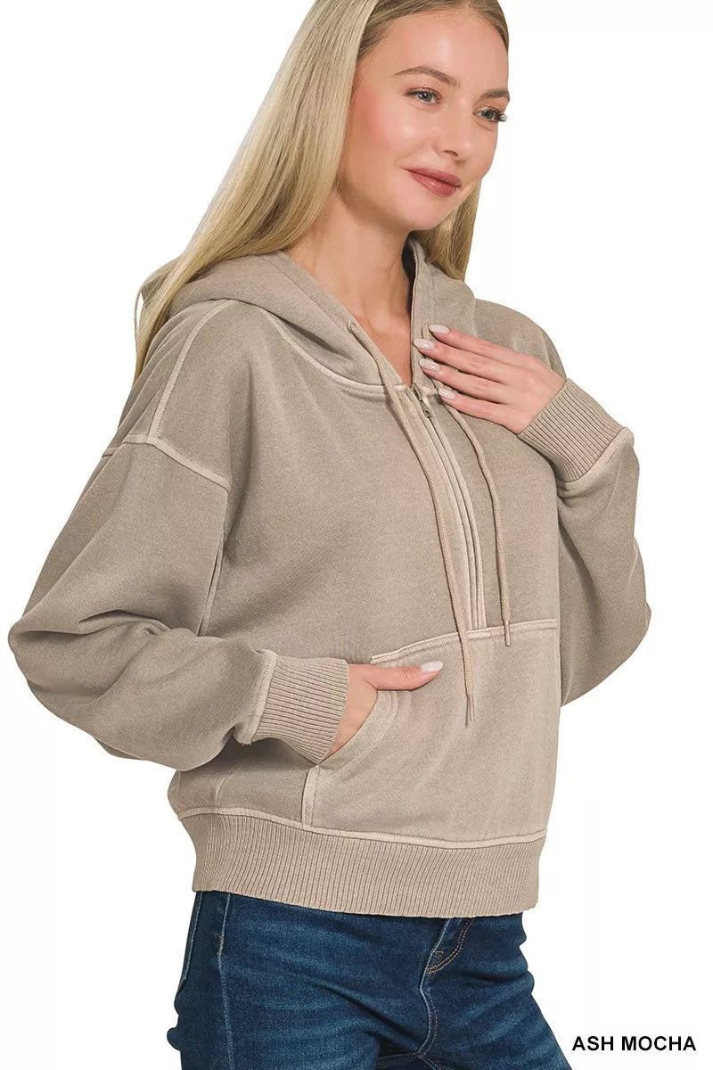 Zenana Fleece Pigment Dye Half Zip Kangaroo Pocket Hoodie - Bitsy Gypsy Boutique