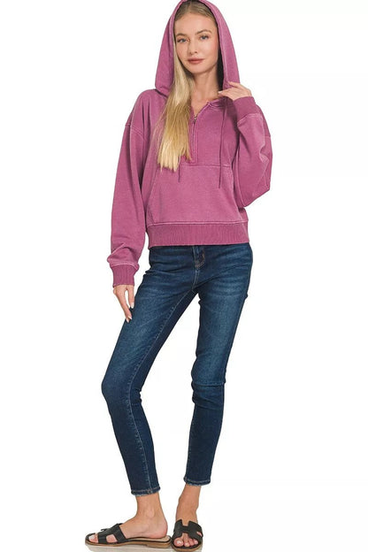Zenana Fleece Pigment Dye Half Zip Kangaroo Pocket Hoodie - Bitsy Gypsy Boutique