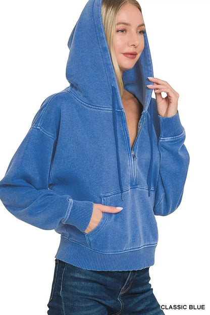 Zenana Fleece Pigment Dye Half Zip Kangaroo Pocket Hoodie - Bitsy Gypsy Boutique