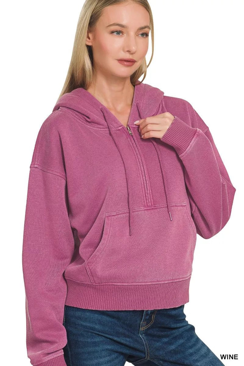 Zenana Fleece Pigment Dye Half Zip Kangaroo Pocket Hoodie - Bitsy Gypsy Boutique