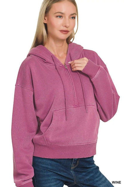 Zenana Fleece Pigment Dye Half Zip Kangaroo Pocket Hoodie - Bitsy Gypsy Boutique