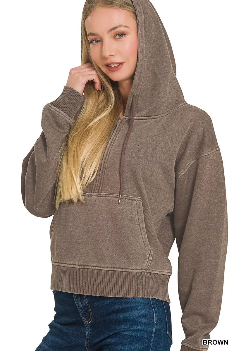 Zenana Fleece Pigment Dye Half Zip Kangaroo Pocket Hoodie - Bitsy Gypsy Boutique