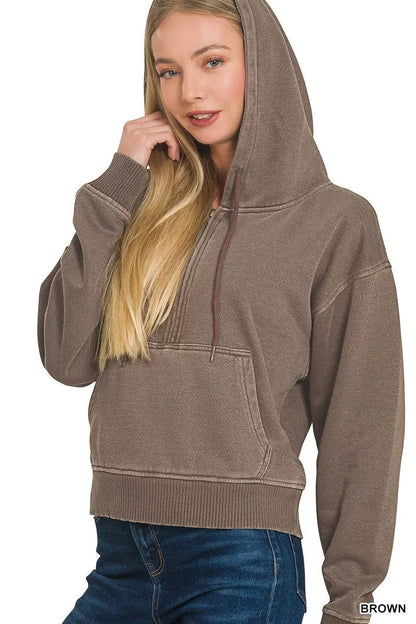 Zenana Fleece Pigment Dye Half Zip Kangaroo Pocket Hoodie - Bitsy Gypsy Boutique