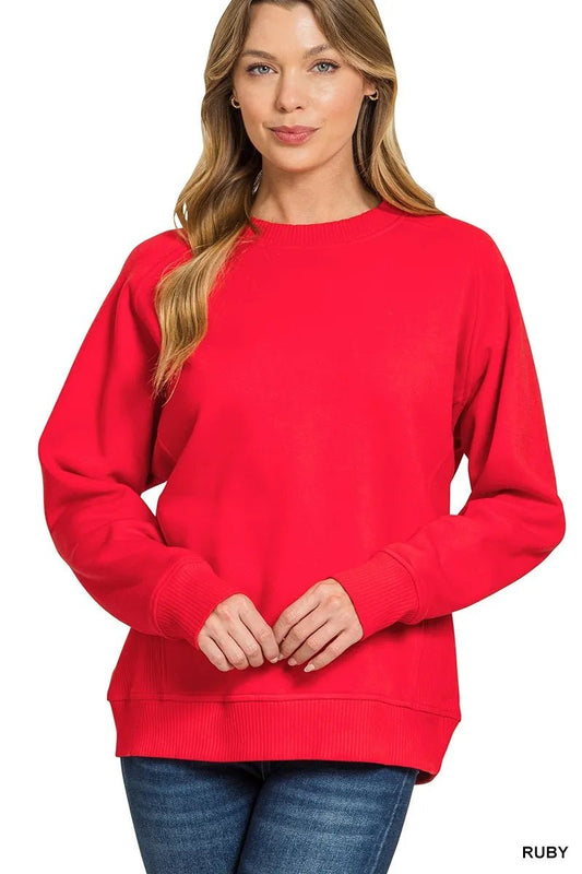 Zenana Fleece Round Neck Ribbed Side Raglan Sweatshirt - Bitsy Gypsy Boutique