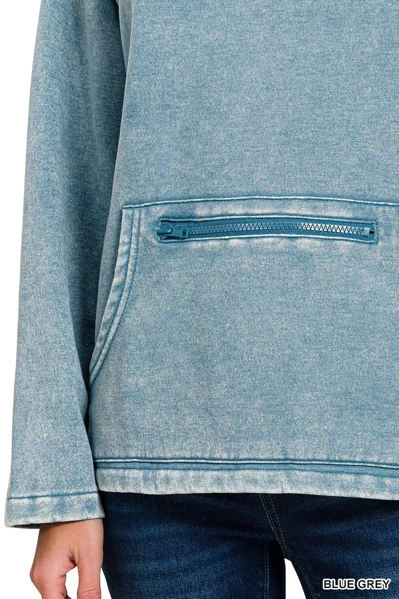 Zenana Fleece Washed High Neck Kangaroo Pocket Sweatshirt - Bitsy Gypsy Boutique