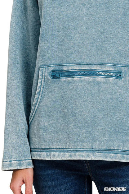 Zenana Fleece Washed High Neck Kangaroo Pocket Sweatshirt - Bitsy Gypsy Boutique