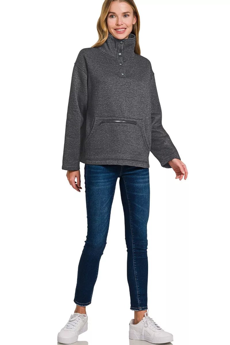 Zenana Fleece Washed High Neck Kangaroo Pocket Sweatshirt - Bitsy Gypsy Boutique