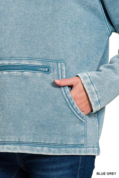 Zenana Fleece Washed High Neck Kangaroo Pocket Sweatshirt - Bitsy Gypsy Boutique