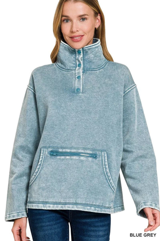 Zenana Fleece Washed High Neck Kangaroo Pocket Sweatshirt - Bitsy Gypsy Boutique