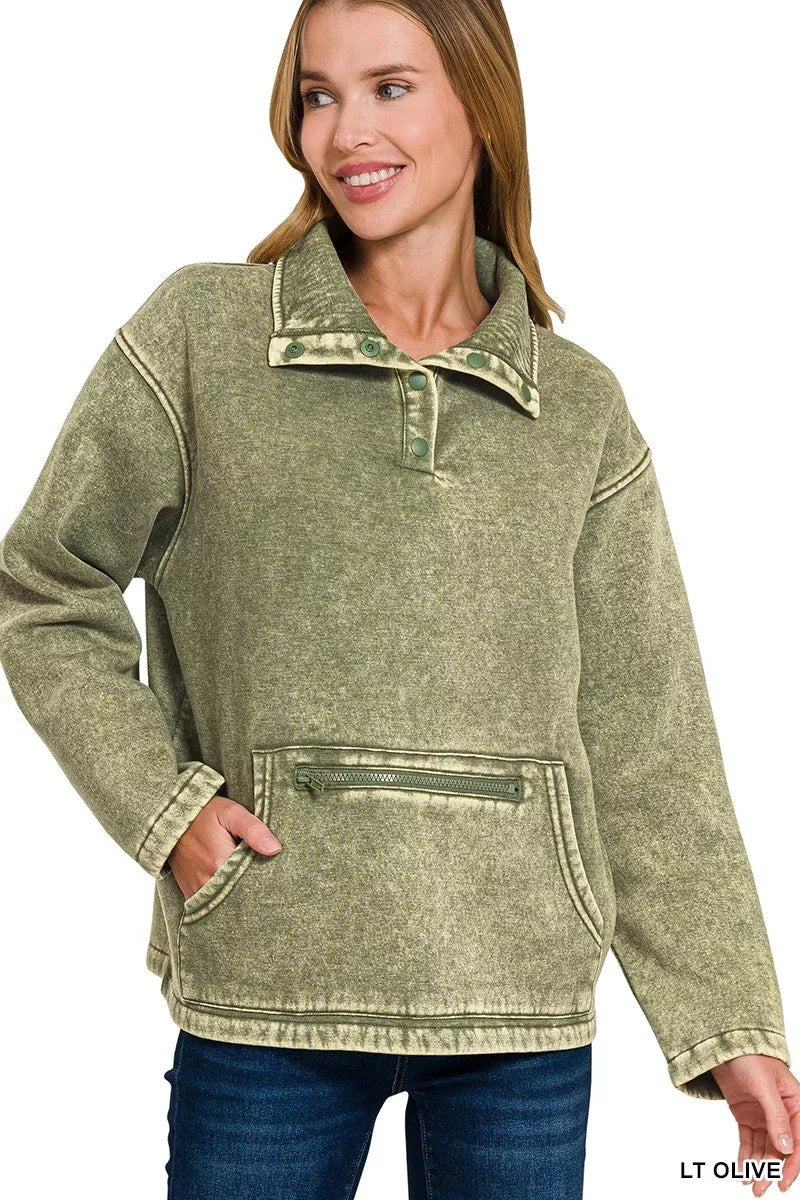 Zenana Fleece Washed High Neck Kangaroo Pocket Sweatshirt - Bitsy Gypsy Boutique