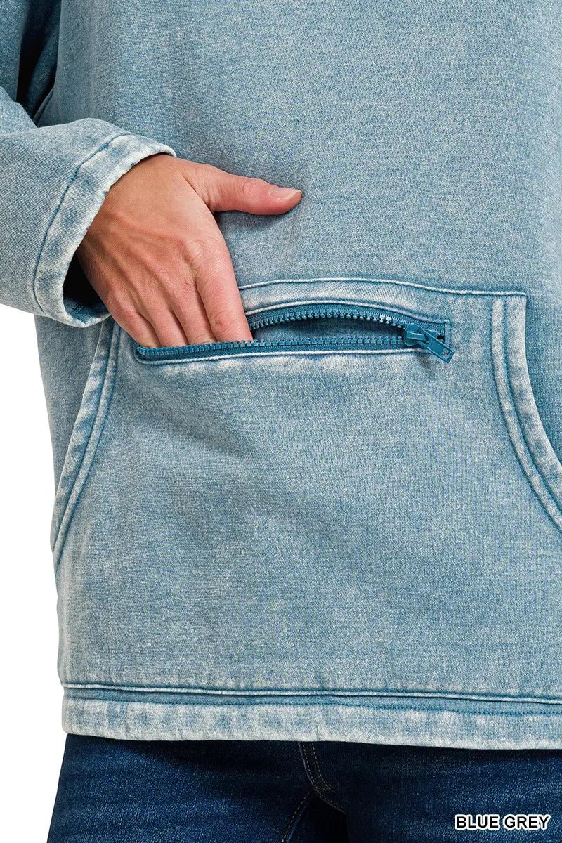 Zenana Fleece Washed High Neck Kangaroo Pocket Sweatshirt - Bitsy Gypsy Boutique
