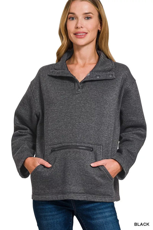 Zenana Fleece Washed High Neck Kangaroo Pocket Sweatshirt - Bitsy Gypsy Boutique