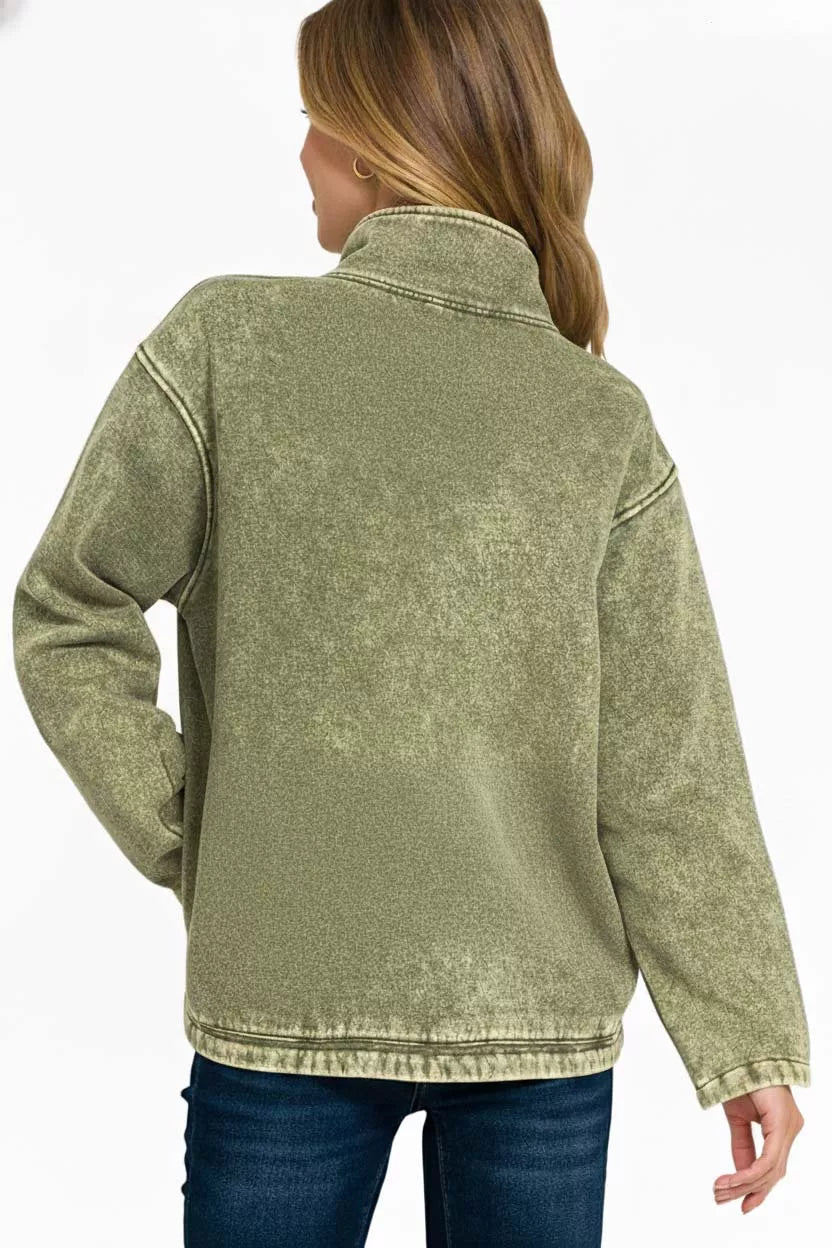Zenana Fleece Washed High Neck Kangaroo Pocket Sweatshirt - Bitsy Gypsy Boutique