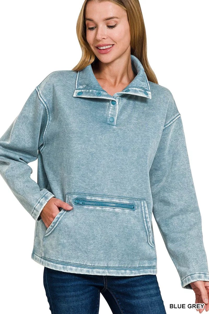Zenana Fleece Washed High Neck Kangaroo Pocket Sweatshirt - Bitsy Gypsy Boutique
