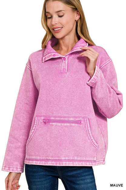 Zenana Fleece Washed High Neck Kangaroo Pocket Sweatshirt - Bitsy Gypsy Boutique