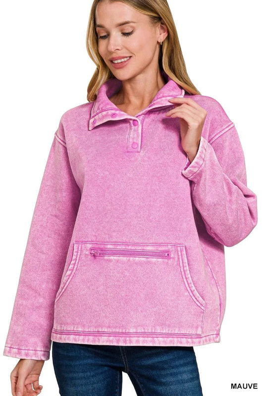 Zenana Fleece Washed High Neck Kangaroo Pocket Sweatshirt - Bitsy Gypsy Boutique