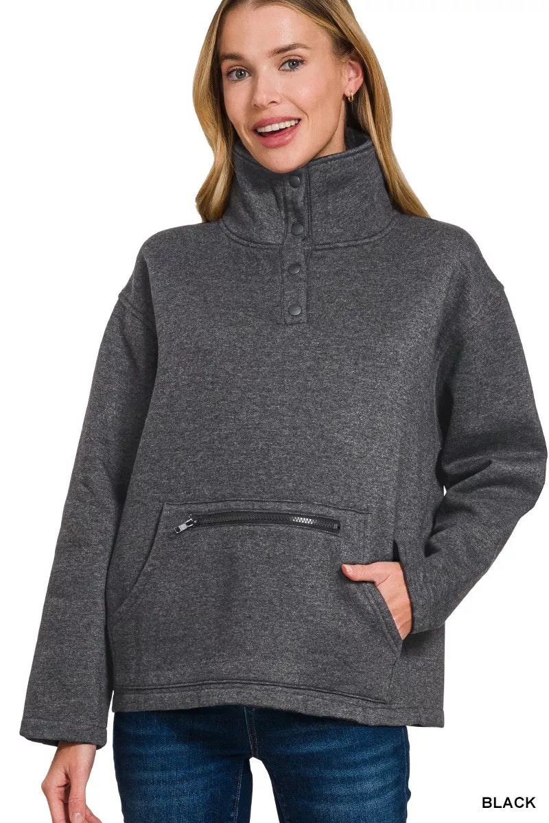 Zenana Fleece Washed High Neck Kangaroo Pocket Sweatshirt - Bitsy Gypsy Boutique