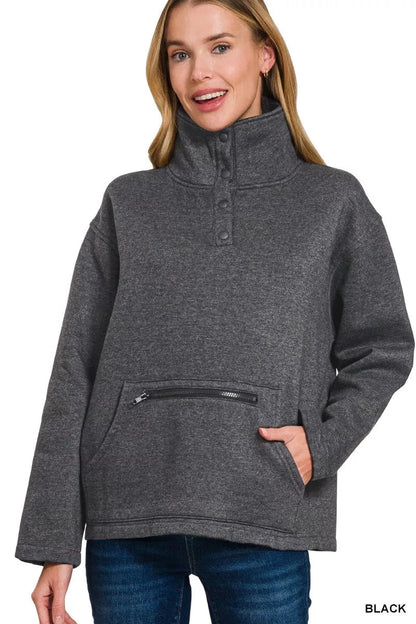Zenana Fleece Washed High Neck Kangaroo Pocket Sweatshirt - Bitsy Gypsy Boutique