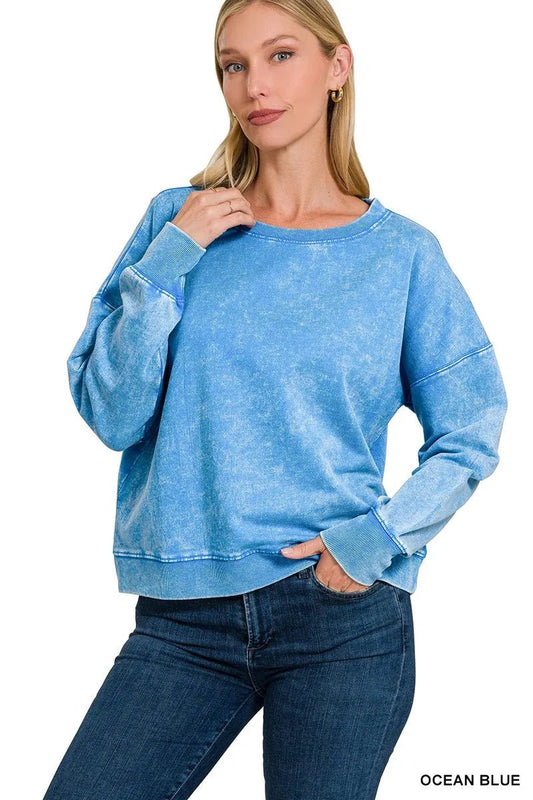 Zenana French Terry Acid Wash Boat Neck Sweatshirt - Bitsy Gypsy Boutique