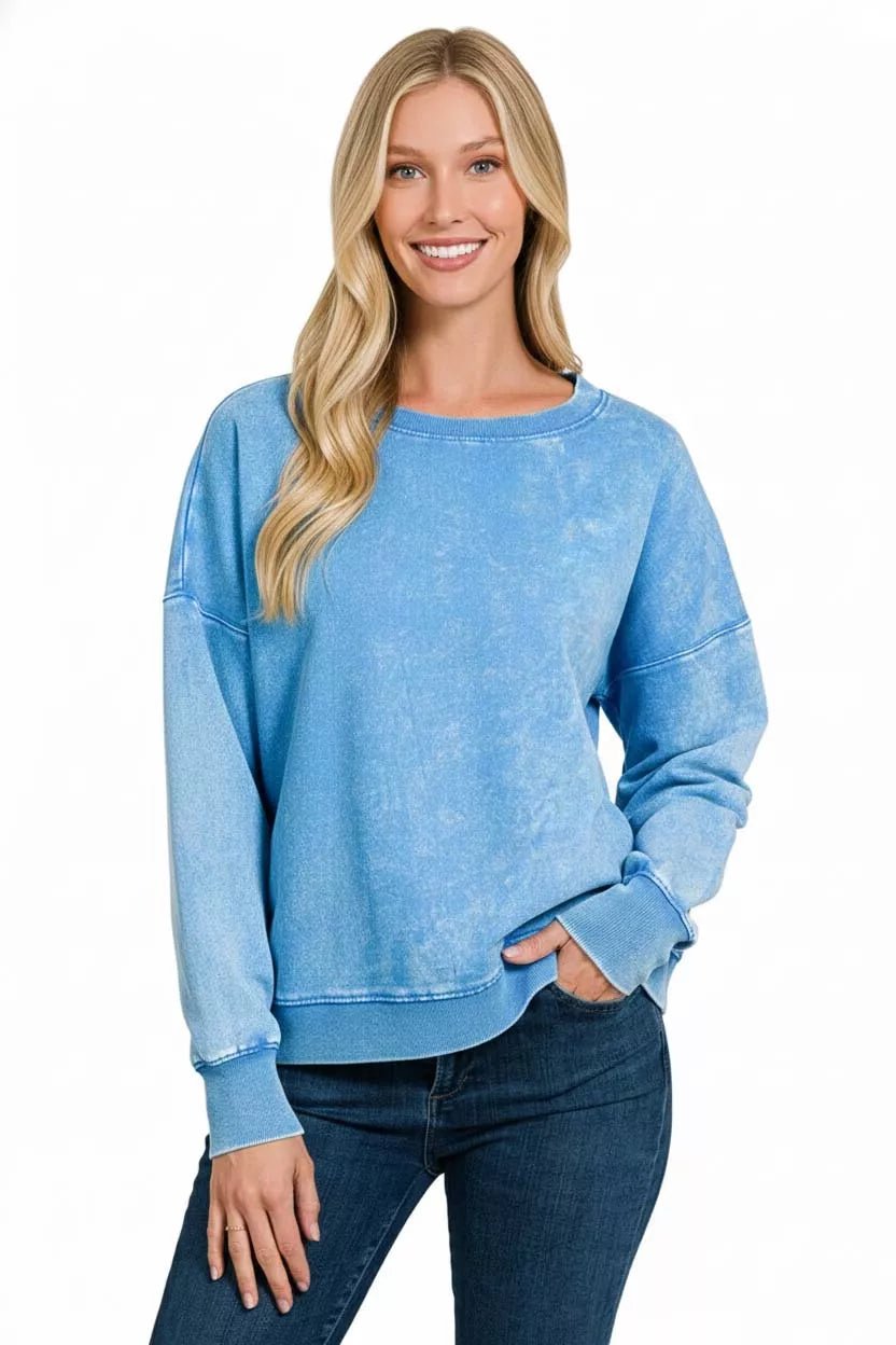 Zenana French Terry Acid Wash Boat Neck Sweatshirt - Bitsy Gypsy Boutique