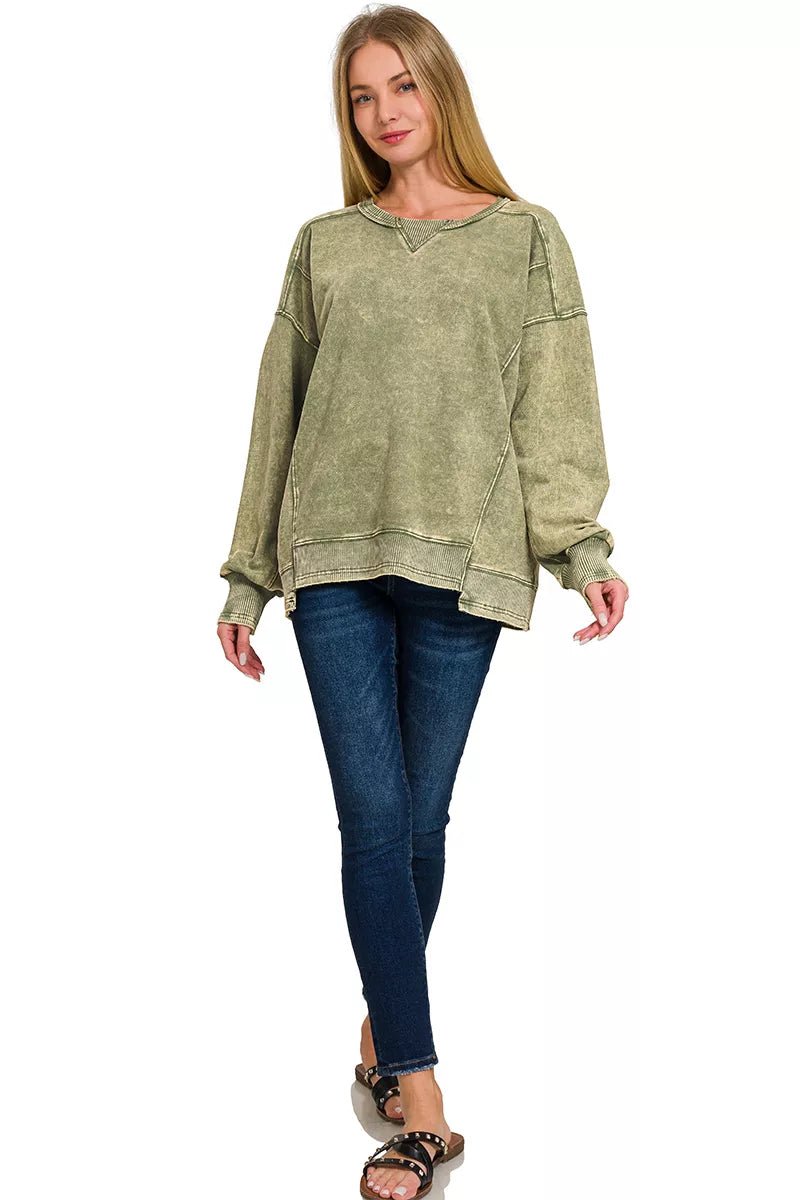 Zenana French Terry Acid Wash Pullover - Bitsy Gypsy Boutique