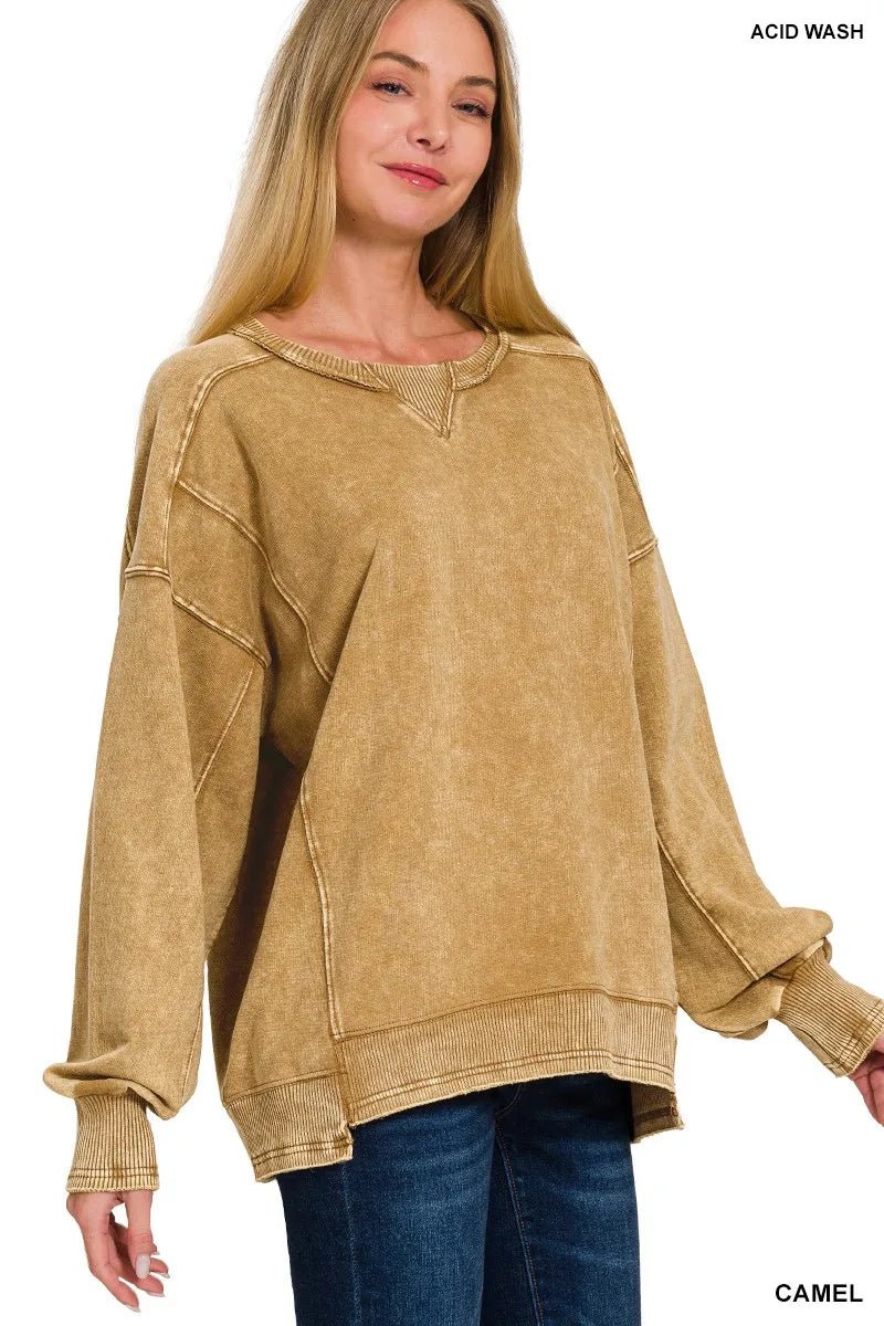Zenana French Terry Acid Wash Pullover - Bitsy Gypsy Boutique