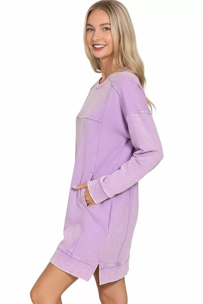 Zenana French Terry Acid Washed Dress with Pockets - Bitsy Gypsy Boutique