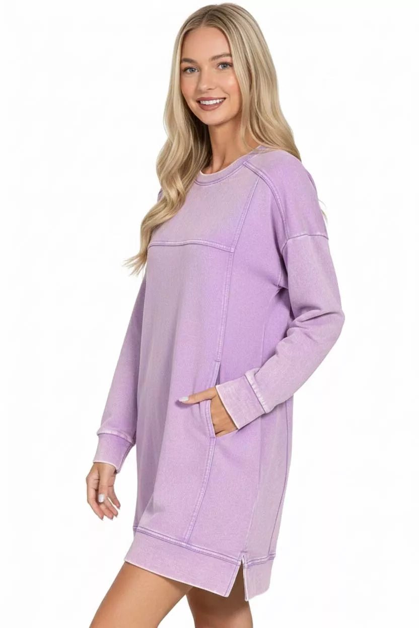 Zenana French Terry Acid Washed Dress with Pockets - Bitsy Gypsy Boutique