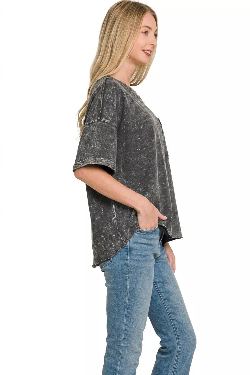 Zenana French Terry Acid Washed Exposed Seam T-shirts - Bitsy Gypsy Boutique