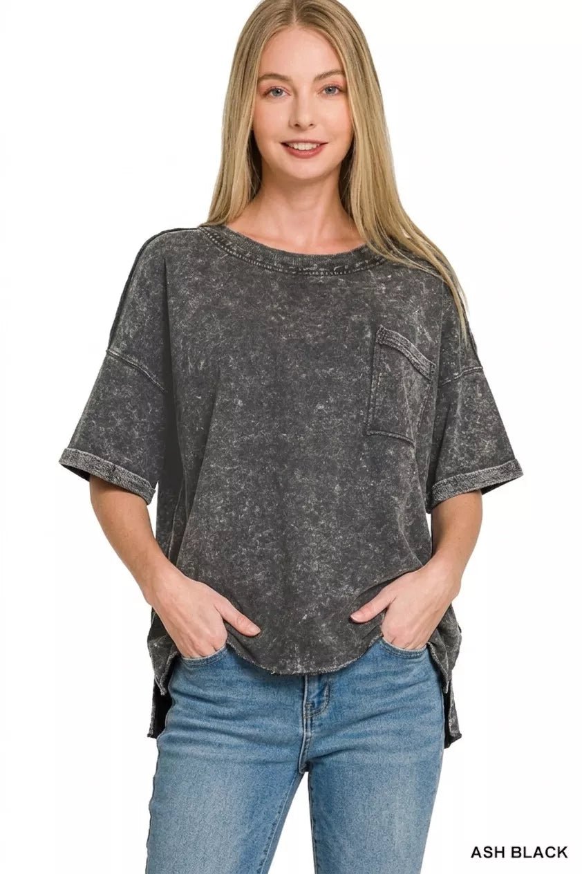 Zenana French Terry Acid Washed Exposed Seam T-shirts - Bitsy Gypsy Boutique
