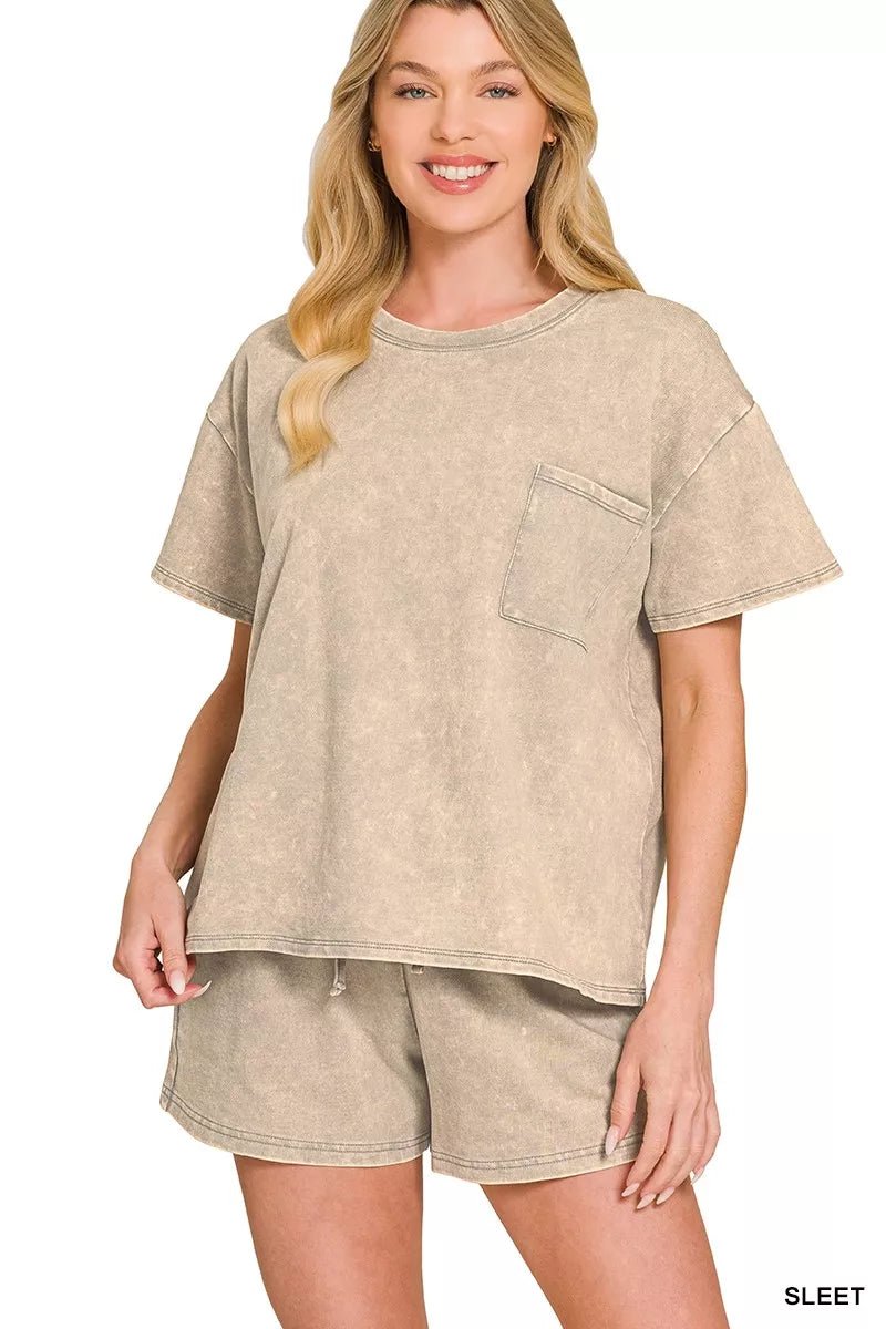 Zenana French Terry Acid Washed Relaxed Top & Short Set - Bitsy Gypsy Boutique