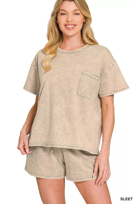 Zenana French Terry Acid Washed Relaxed Top & Short Set - Bitsy Gypsy Boutique