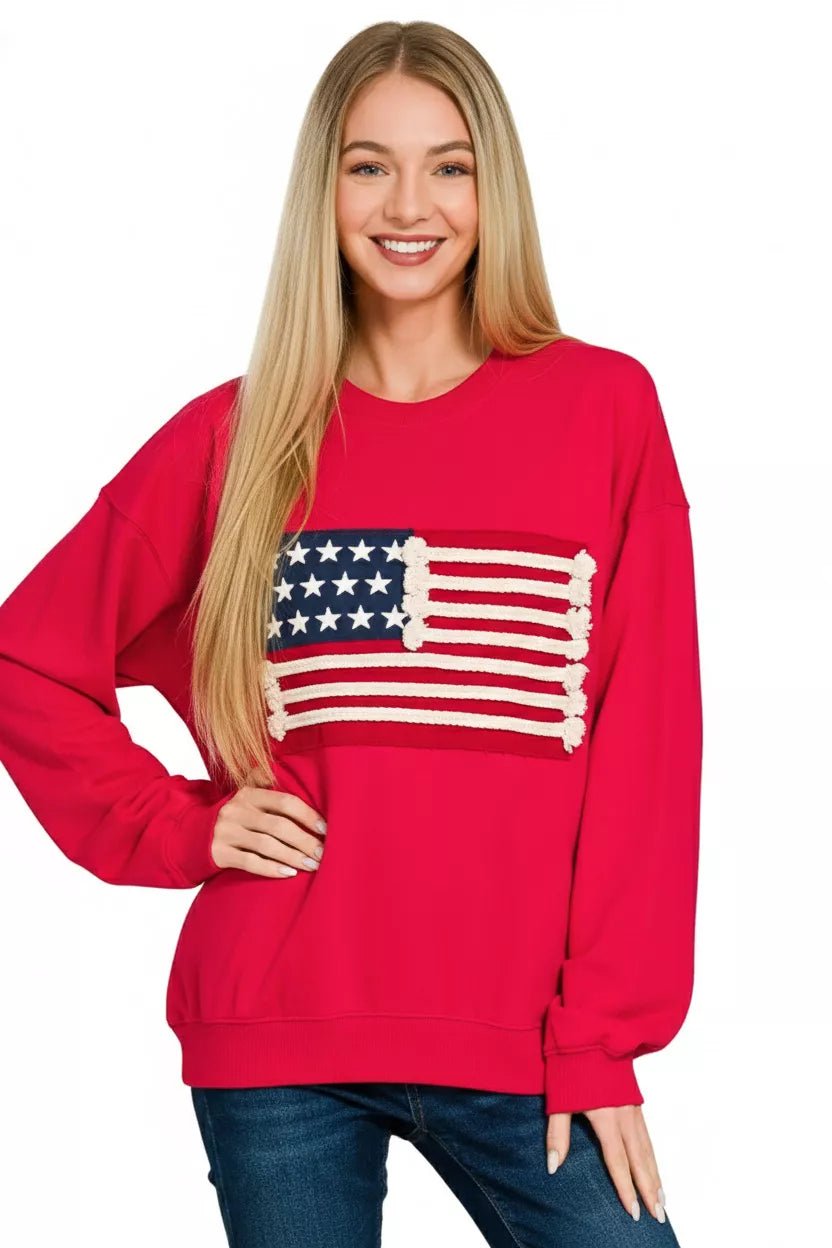 Zenana French Terry American Flag Pullover - Bitsy Gypsy Boutique