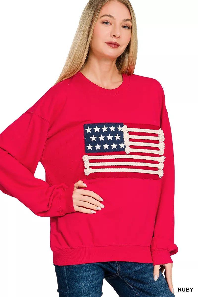 Zenana French Terry American Flag Pullover - Bitsy Gypsy Boutique