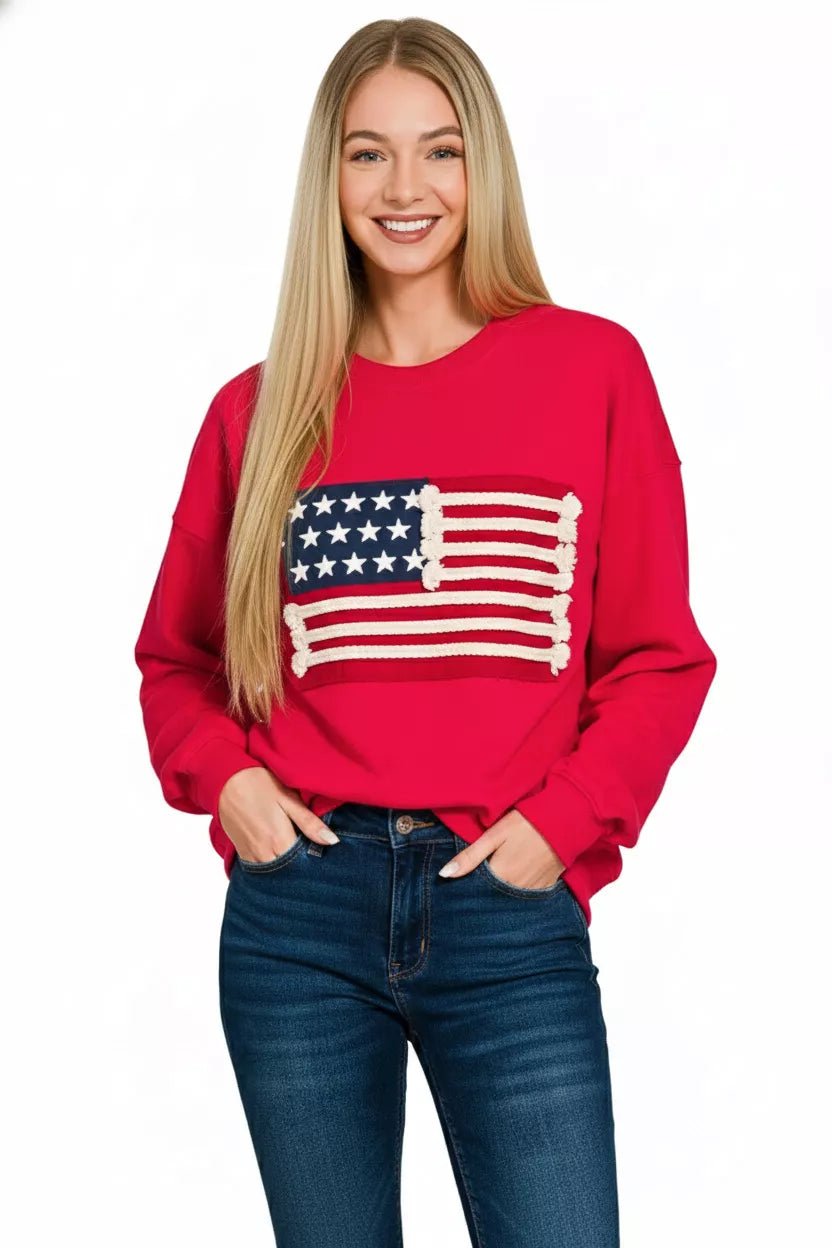 Zenana French Terry American Flag Pullover - Bitsy Gypsy Boutique