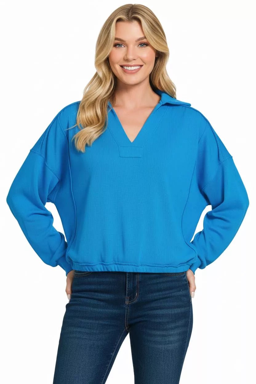 Zenana French Terry Collared Exposed Seam Sweatshirt - Bitsy Gypsy Boutique