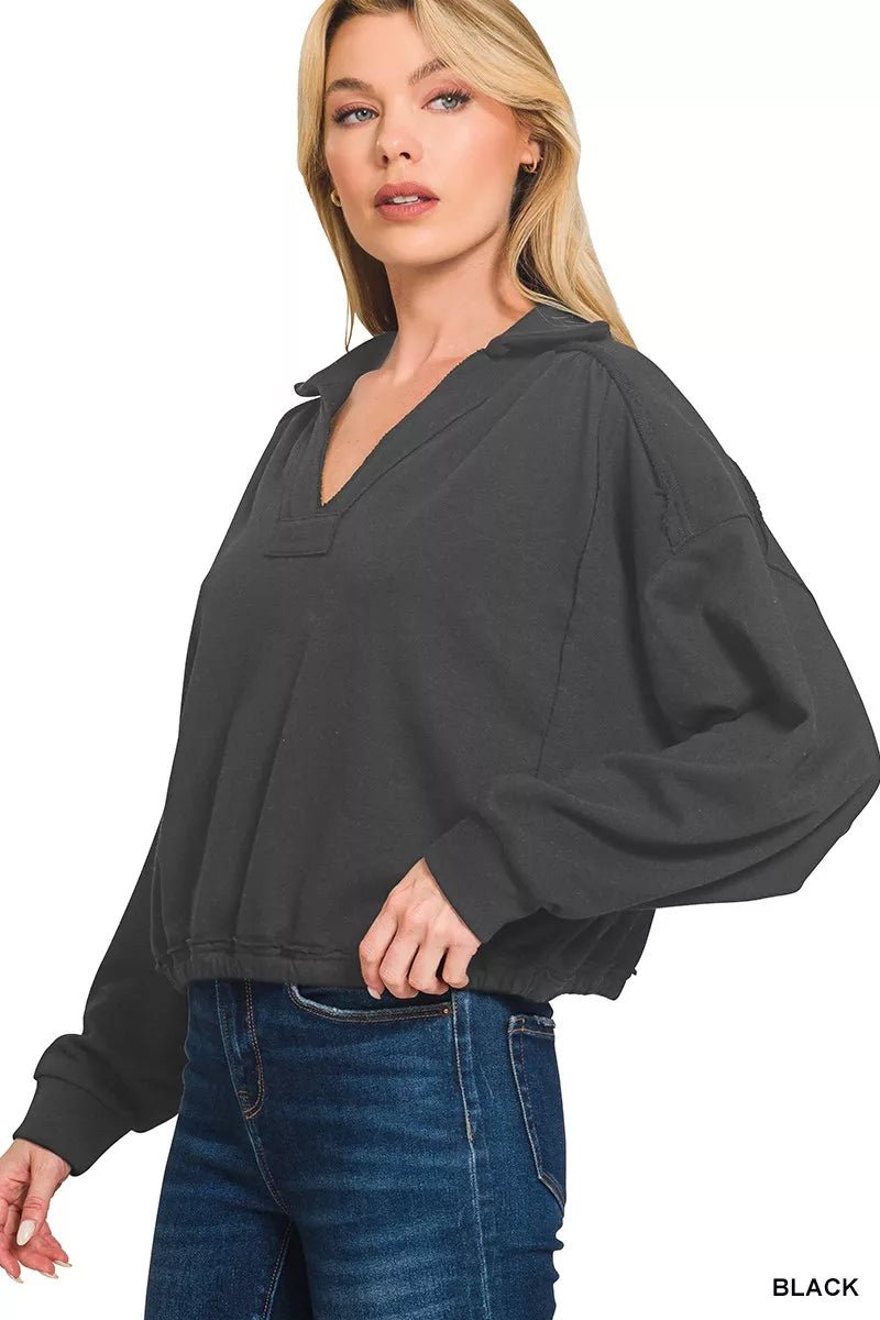 Zenana French Terry Collared Exposed Seam Sweatshirt - Bitsy Gypsy Boutique
