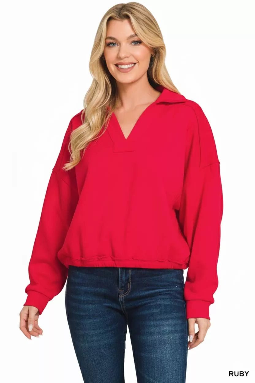 Zenana French Terry Collared Exposed Seam Sweatshirt - Bitsy Gypsy Boutique