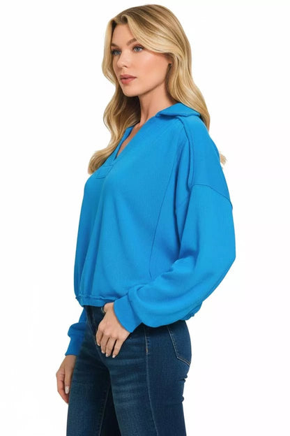 Zenana French Terry Collared Exposed Seam Sweatshirt - Bitsy Gypsy Boutique