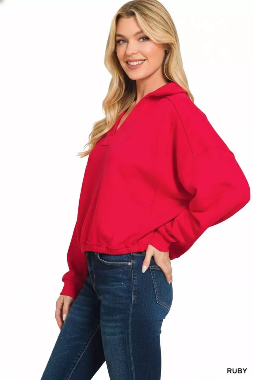 Zenana French Terry Collared Exposed Seam Sweatshirt - Bitsy Gypsy Boutique