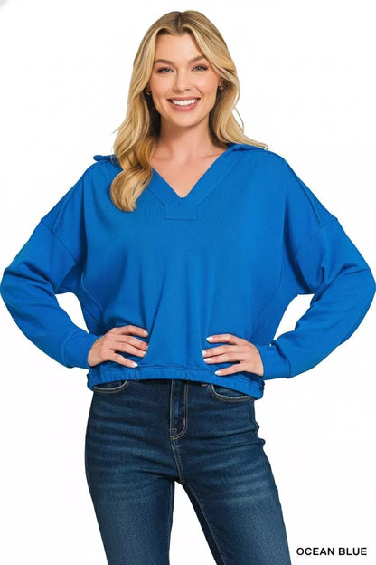 Zenana French Terry Collared Exposed Seam Sweatshirt - Bitsy Gypsy Boutique