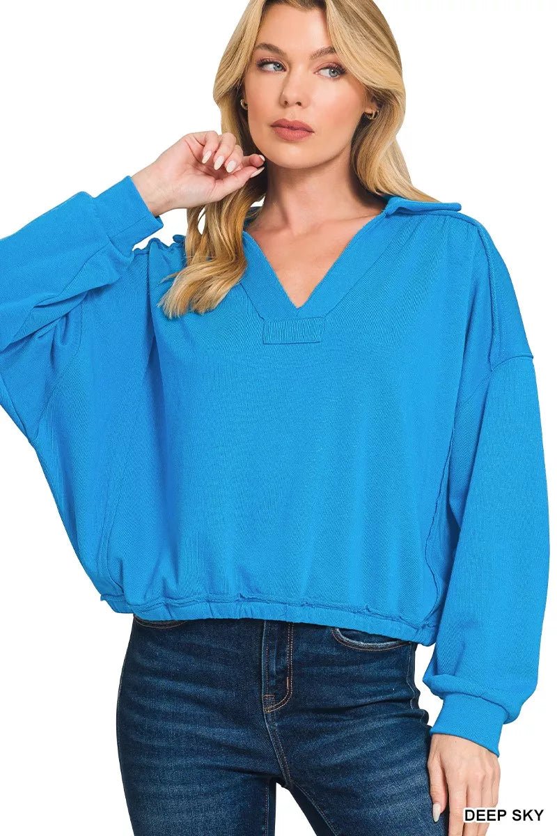 Zenana French Terry Collared Exposed Seam Sweatshirt - Bitsy Gypsy Boutique