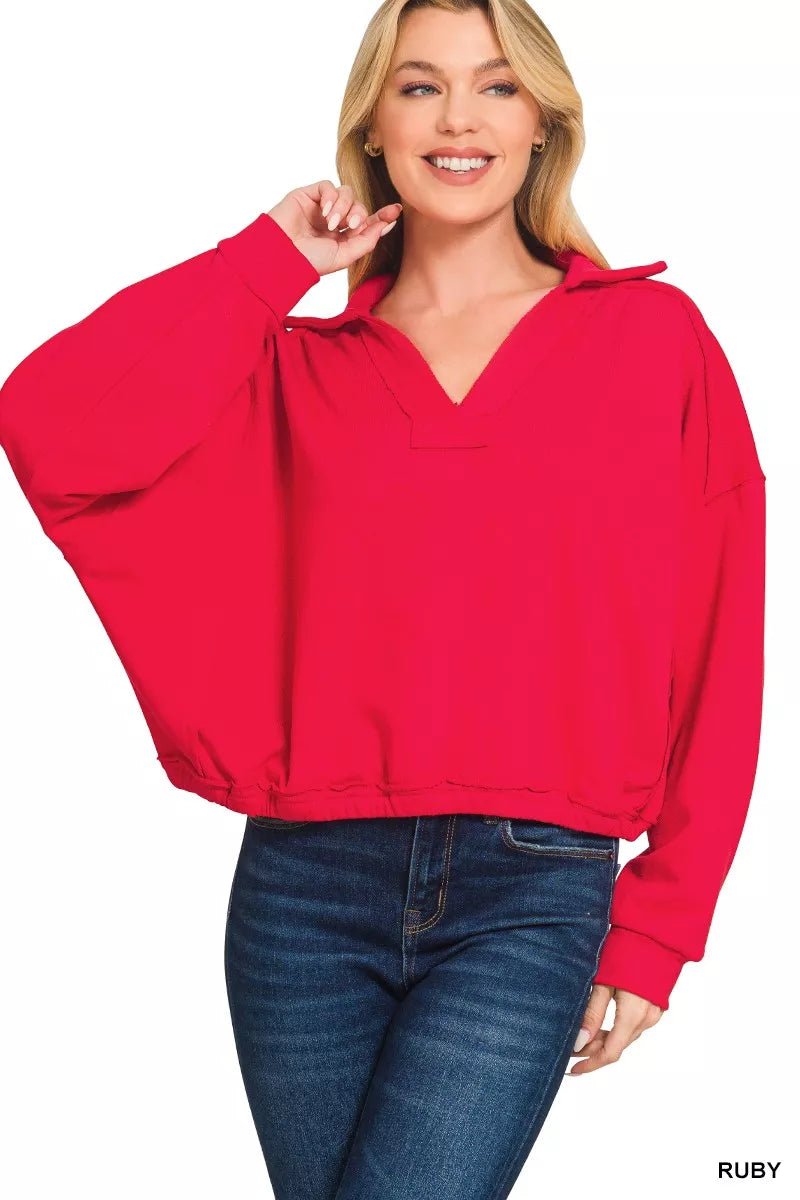 Zenana French Terry Collared Exposed Seam Sweatshirt - Bitsy Gypsy Boutique