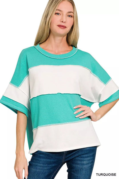Zenana French Terry Color Block Exposed Seam Top - Bitsy Gypsy Boutique