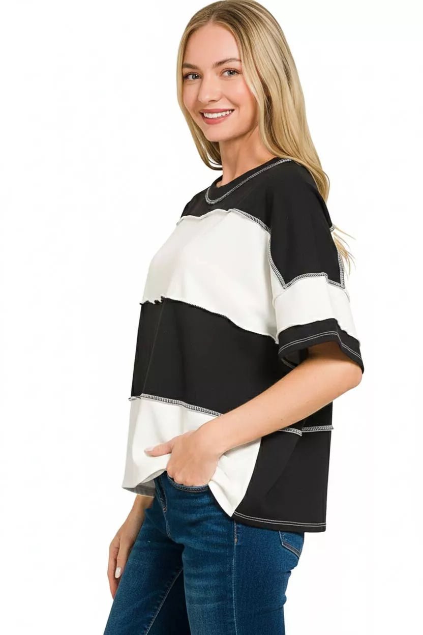 Zenana French Terry Color Block Exposed Seam Top - Bitsy Gypsy Boutique