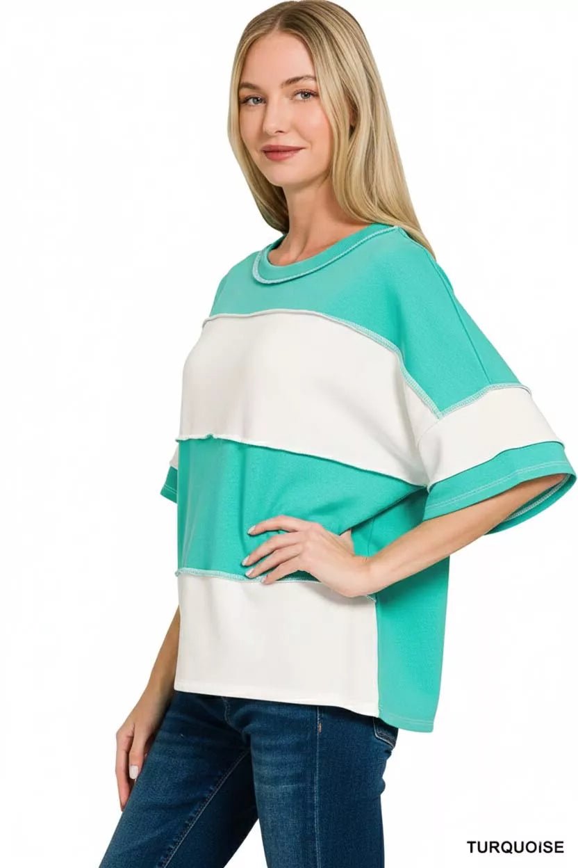 Zenana French Terry Color Block Exposed Seam Top - Bitsy Gypsy Boutique