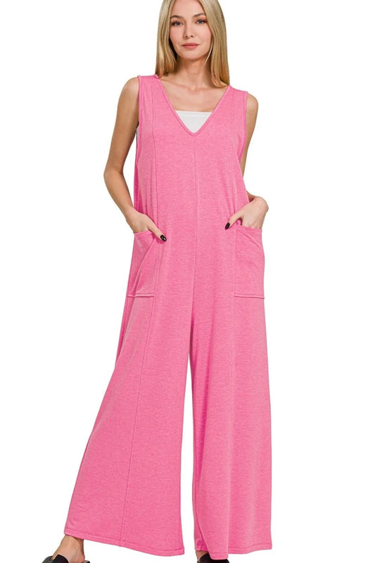 Zenana French Terry Deep V Neck Jumpsuits - Bitsy Gypsy Boutique