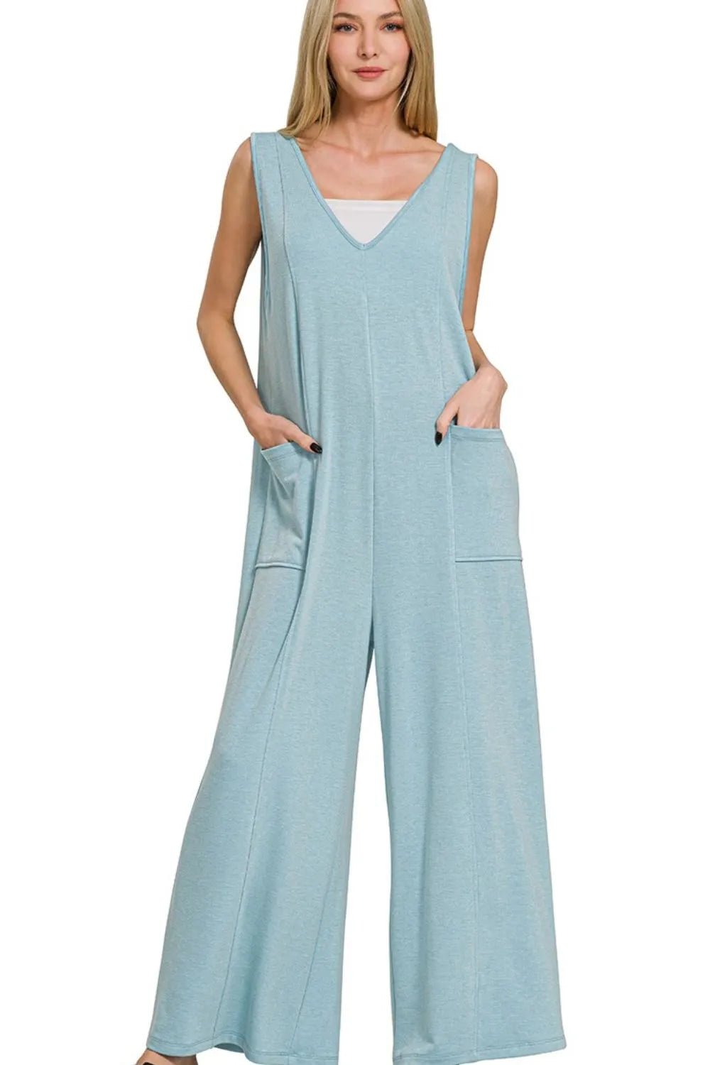 Zenana French Terry Deep V Neck Jumpsuits - Bitsy Gypsy Boutique