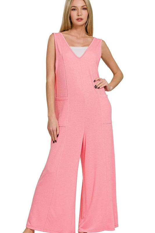 Zenana French Terry Deep V Neck Jumpsuits - Bitsy Gypsy Boutique