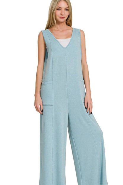 Zenana French Terry Deep V Neck Jumpsuits - Bitsy Gypsy Boutique